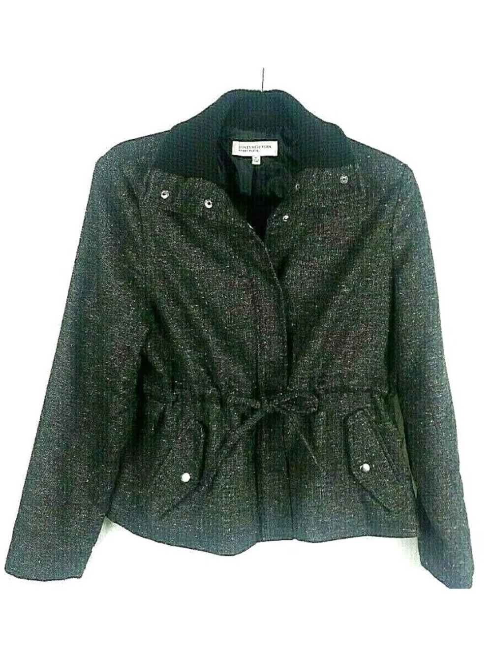 Jones NY Sport Jacket Petite Large Black Gray Tweed Casual Drawstring Snaps